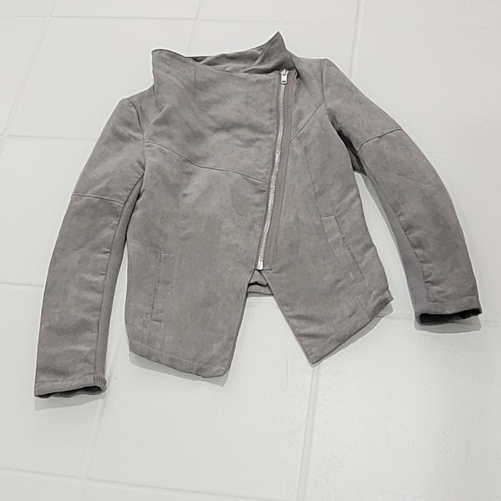H&M Gray Faux Suede Cropped Biker Style Jacket Off Side Zipper Pockets Size 4 - Picture 6 of 14